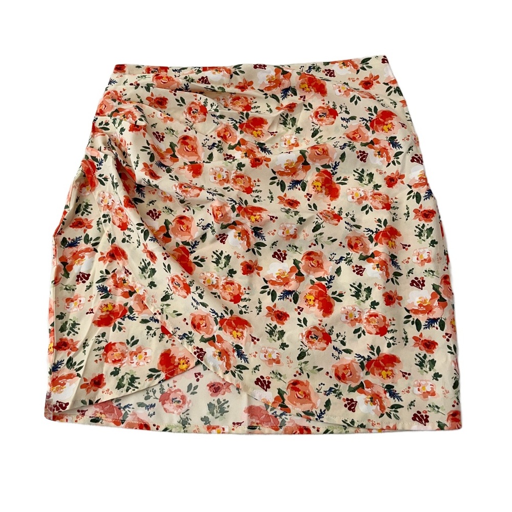 Cider Tan and Peach Floral Faux Wrap Skirt